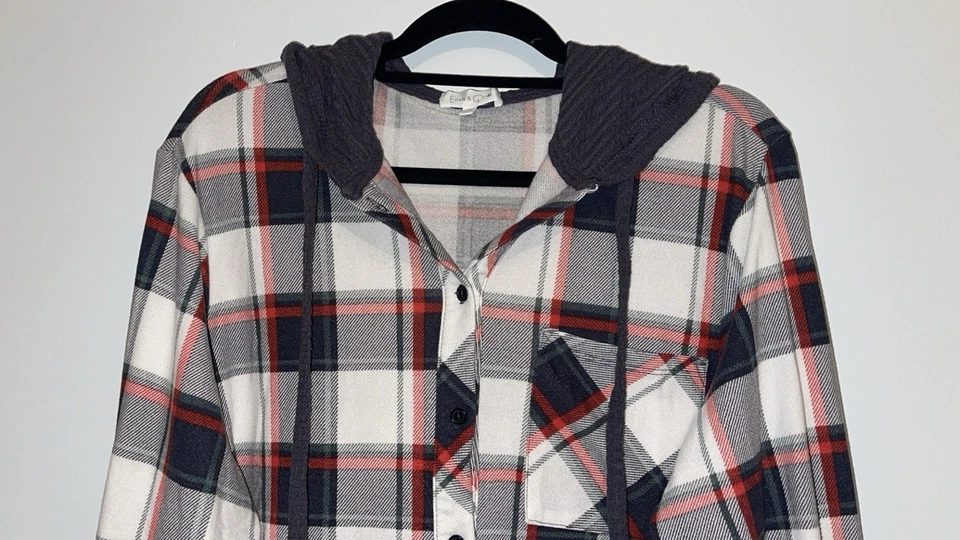 Chaqueta camisa de franela con capucha Eden & Olivia para mujer talla 3X a cuadros abotonados plus Foto 3 de 4