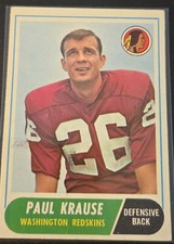 1968 Topps NFL Football Card - Paul Krause / Redskins # 166