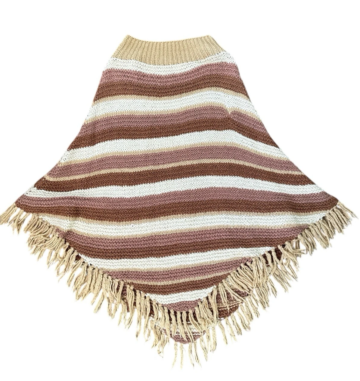 Vintage Boho Brown Striped Chunky Knit Poncho One Size Sweater