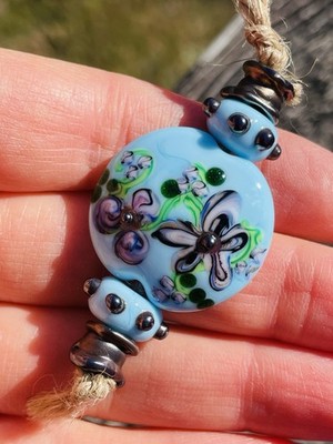 Handmade Lampwork glass Lentil focal bead set 5 Beads Blue Colored Lampwork