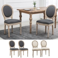 2pc French-Style Dining Accent Chairs Set w/ Linen Upholstery & Wood Legs