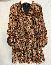 Express Brown/Black/Beige Snake Print V-Neck Mini Dress XS Lined Ruffle