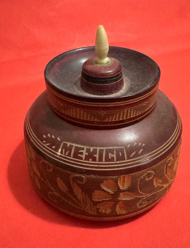 Vintage Round Hand Carved Wood Trinket Box with Sombrero Lid Tip Mexico Souvenir