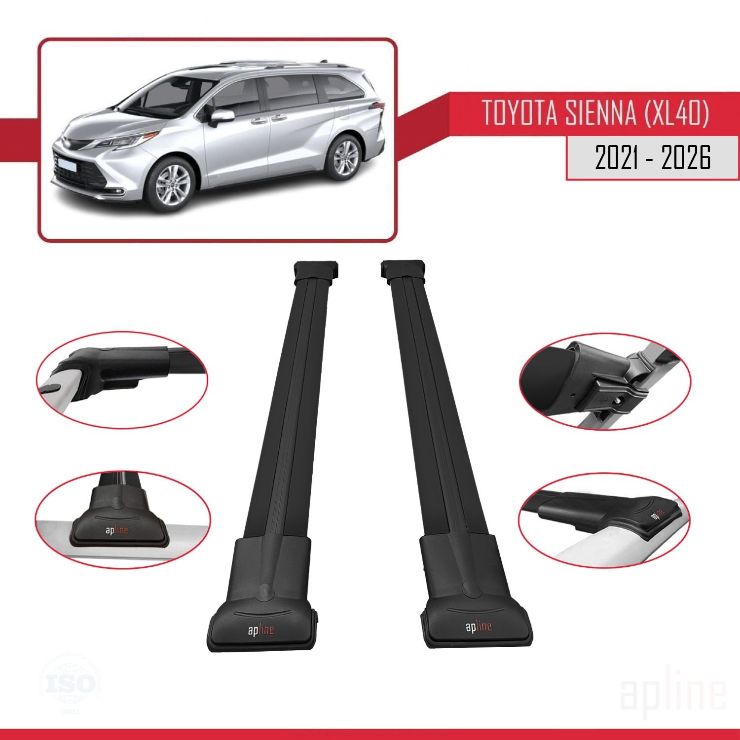 Barres de toit transversales Toyota Sienna 4 XL40 2022 2023 2024 2025 noir