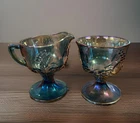 Vtg Indiana Glass Grape Harvest Iridescent Blue Carnival Glass Sugar Creamer Set