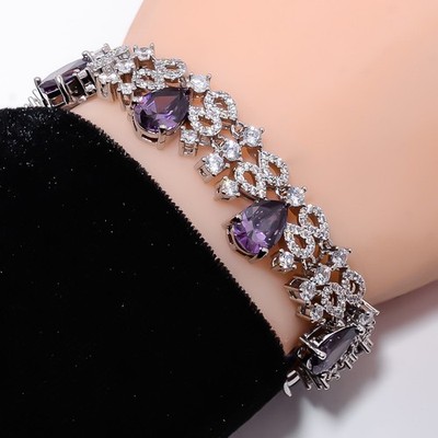 Purple Amethyst, CZ 925 Sterling Silver Adjustable Bracelet 7-8'' B139936