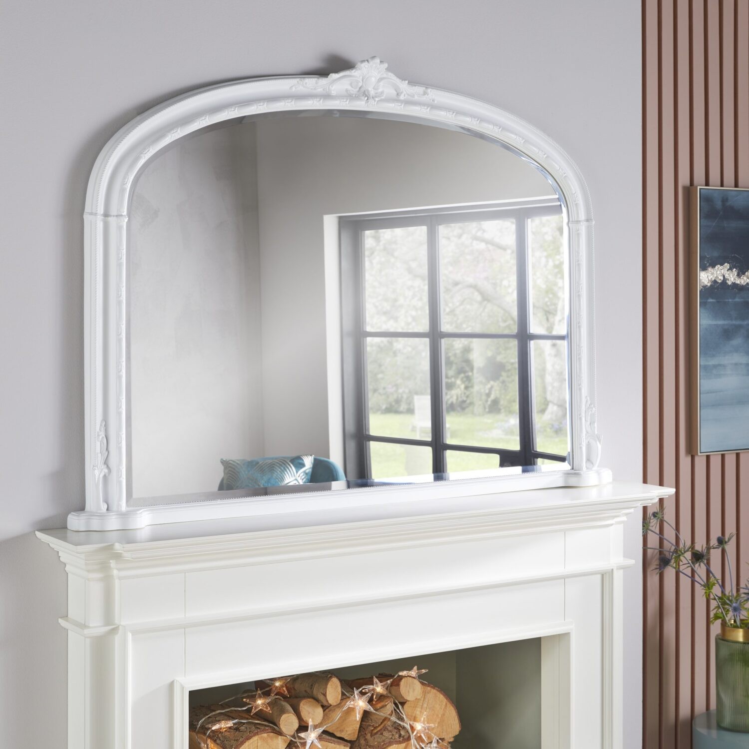 Overmantle Mirror Mayfair Arched Shape with White Frame- L 127cm x H 89cm xW 4cm