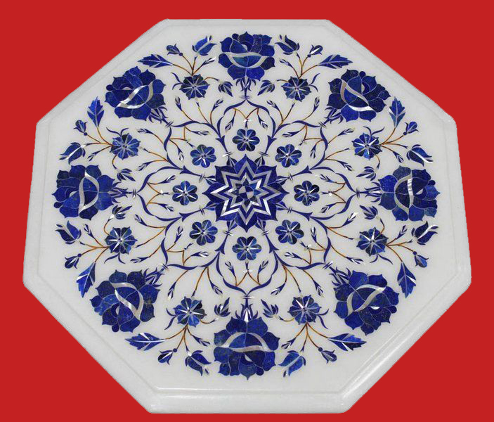 18-Inch Marble Corner Table with Lapis Floral Inlay Semi-Precious Stone Decor