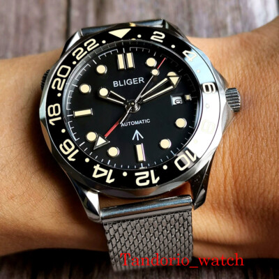 41mm GMT Automatic Men Watch Auto Date Sapphire Crystal Stainless Steel Bracelet