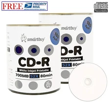 200 Pack Smartbuy CD-R 52X 700MB 80Min White Inkjet Printable Blank Record Disc