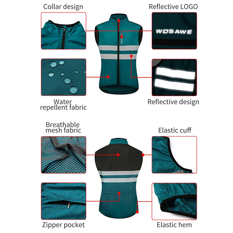 WOSAWE Windproof Cycling Vest Bike Reflective Gilet Waistcoat Sleeveless Jacket - Image 3 of 4
