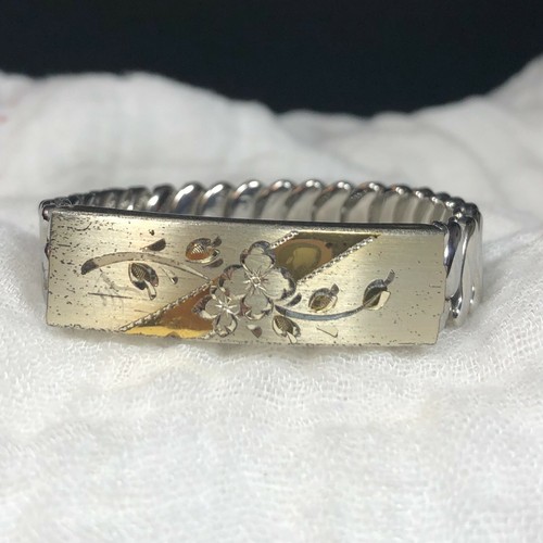 Vintage Stainless Steel Sterling Photo Bracelet Flower Etching Design Bracelet