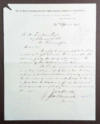 1898 The de Mare Glühlampe Gas Licht System Brief - in Auflösung