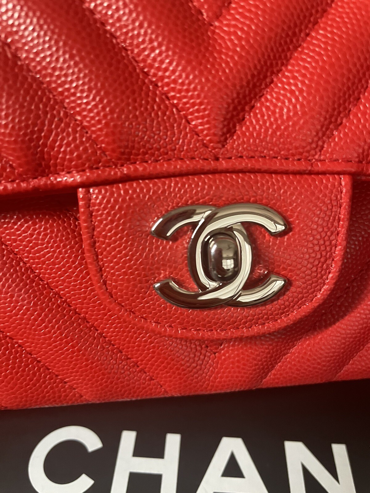 Authentic Chanel Coral Caviar Leather Chevron 10" Medium Double Flap Classic Bag image 3