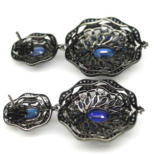 Gemstone Blue Kyanite & Sapphire Earrings 925 Silver Black Gold Coated - Picture 3 of 4