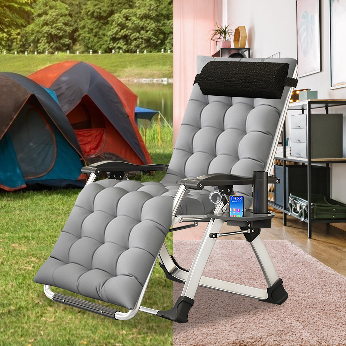 Barbella Lawn Chaise Zero Gravity Chair Portable Lounge Chair W/Cup Holder+Mat