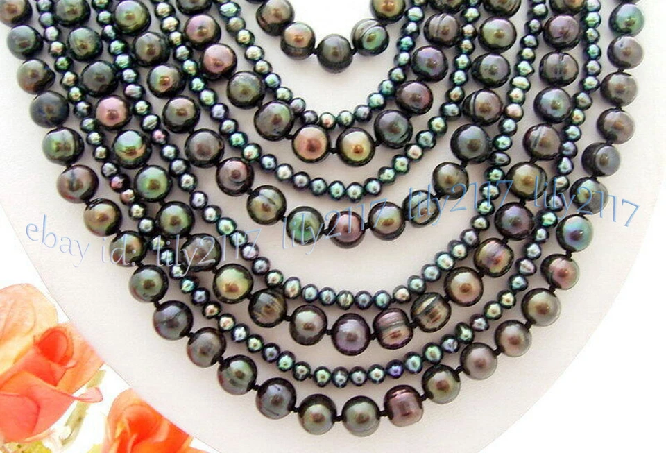 Collar de perlas de agua dulce negras naturales genuinas 9 filas 9-10 mm 4-5 mm 21-30 pulgadas Foto 3 de 4