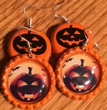 3D Halloween Pumpkin Earring Lot Handcrafted      2 Pair Bottle Cap Style