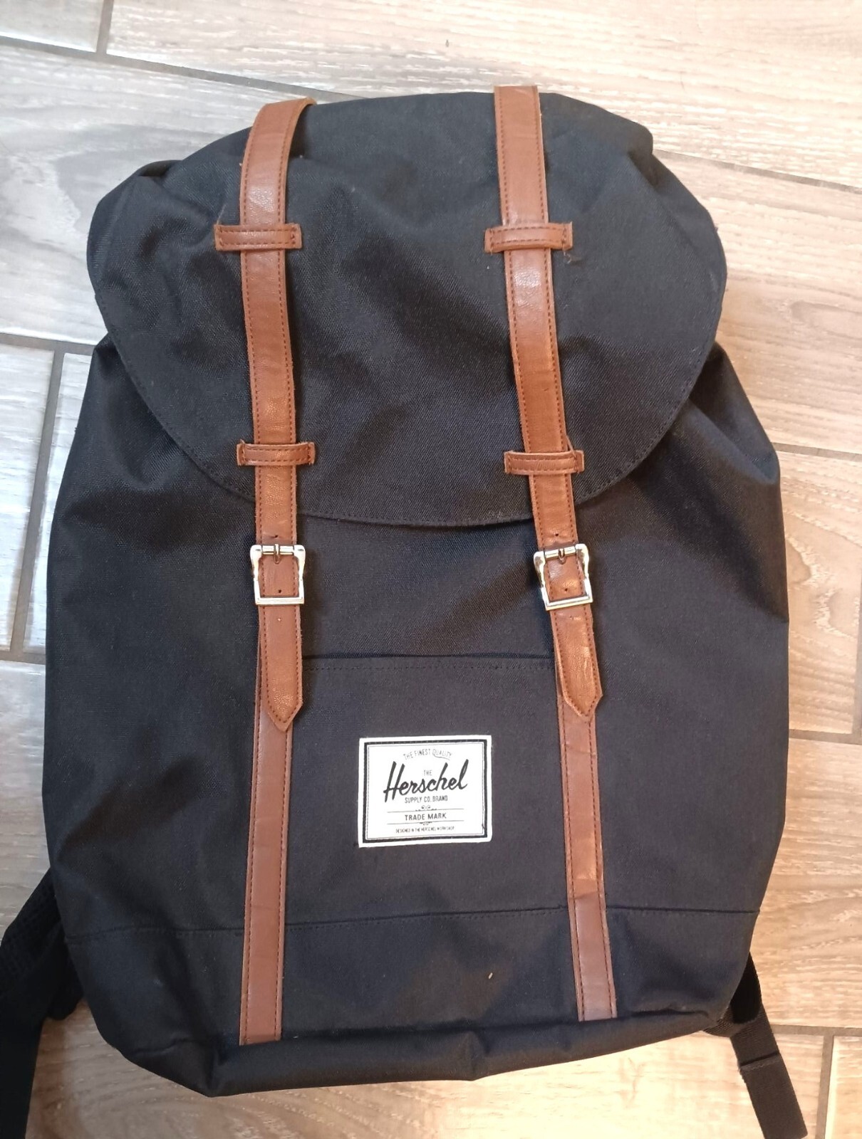 Herschel Black Backpack, Drawstring Close, Leather Snaps, Adjustable Straps