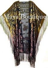 Gold  Brown Wearable Art Kimono Caftan Fringe Jacket Burnout Velvet Hand Dyed
