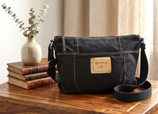 Vintage Fossil Black Canvas Crossbody Bag-Floral Embroidered Patch -Purse