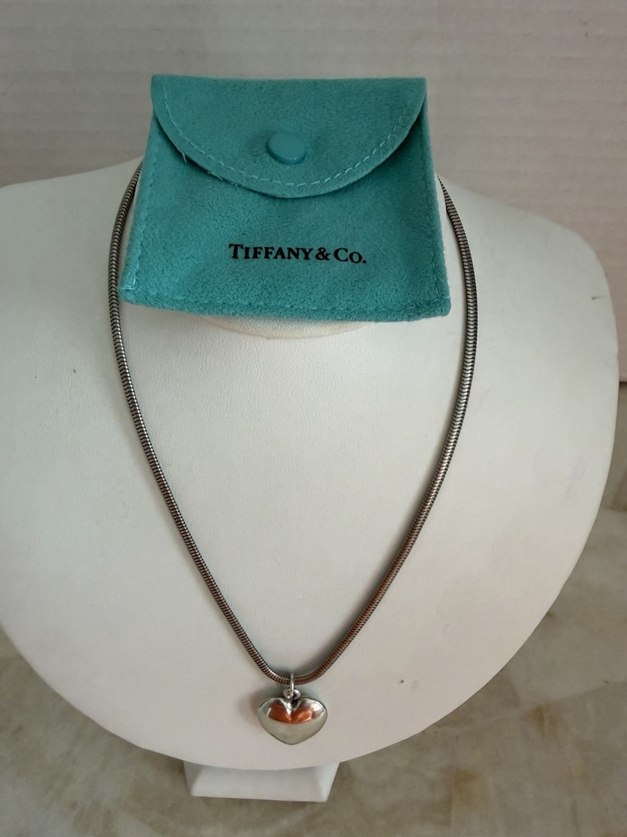 Tiffany & Co Sterling Silver Puffy Heart Pendant & Snake Chain