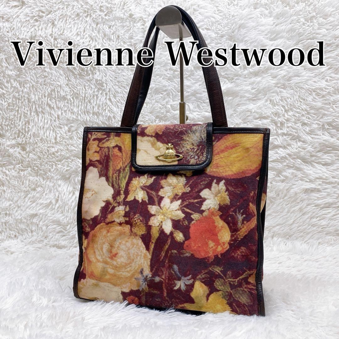 Vivienne Westwood Floral Tote Bag Orb Canvas Leather Brown Purple USED from JPN