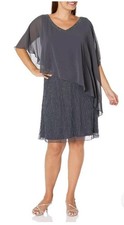 J Kara Womens 14W Geometric Beaded Capelet Cocktail Dress Grey Cocktail Party