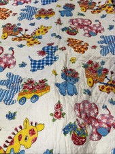 Vintage Handmade Baby Blanket Quilted Animals Giraffe Lamb Elephant 56x38 1970s