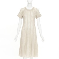 CHANEL cream beige alpaca blend textured knit CC short sleeve midi dress FR38 M