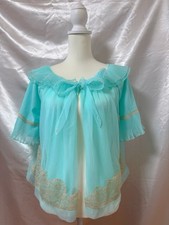 Vintage 1960s Lace Chiffon Bed Jacket Lingerie Nightgown Blue Peignoir Boudoir