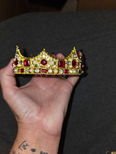 Gold Crown Headpiece Red Rhinestones Metal Trinket 3 1/2 Inch Diameter