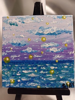 Original Painting Seascape Fireflies ART 4×4 Canvas Artwork Handpainted SIGNED