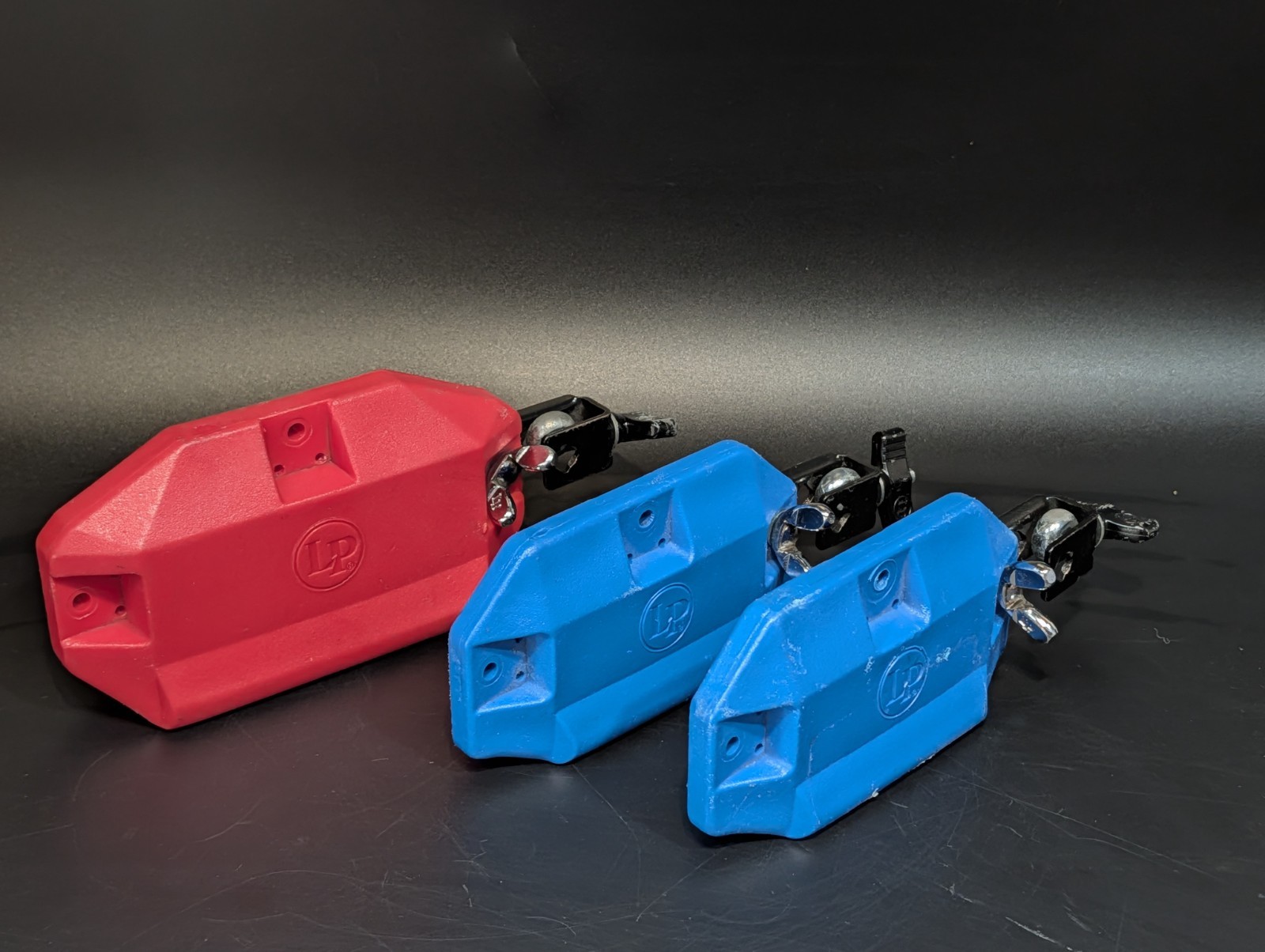 Jam Blocks Latin Percussion LP1207–Red & 2 x LP1205 Blue Cowbells With Brackets