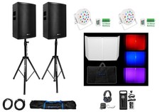 DJ Package 2 Rockville PLX12 12" Active Speakers Facade Headphones Mic Stands