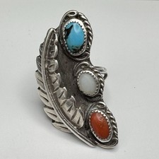 Vintage Native American Sterling Silver Turquoise Coral Leaf Size 7 Ring 9.1g