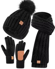 Womens Beanie Hat Scarf Gloves Set, Soft Fleece Lined Winter Hat with Pom Pom...