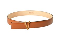 Versace Cognac Brown 100 Leather Gold V-Logo Decorated Belt US 36 IT 90