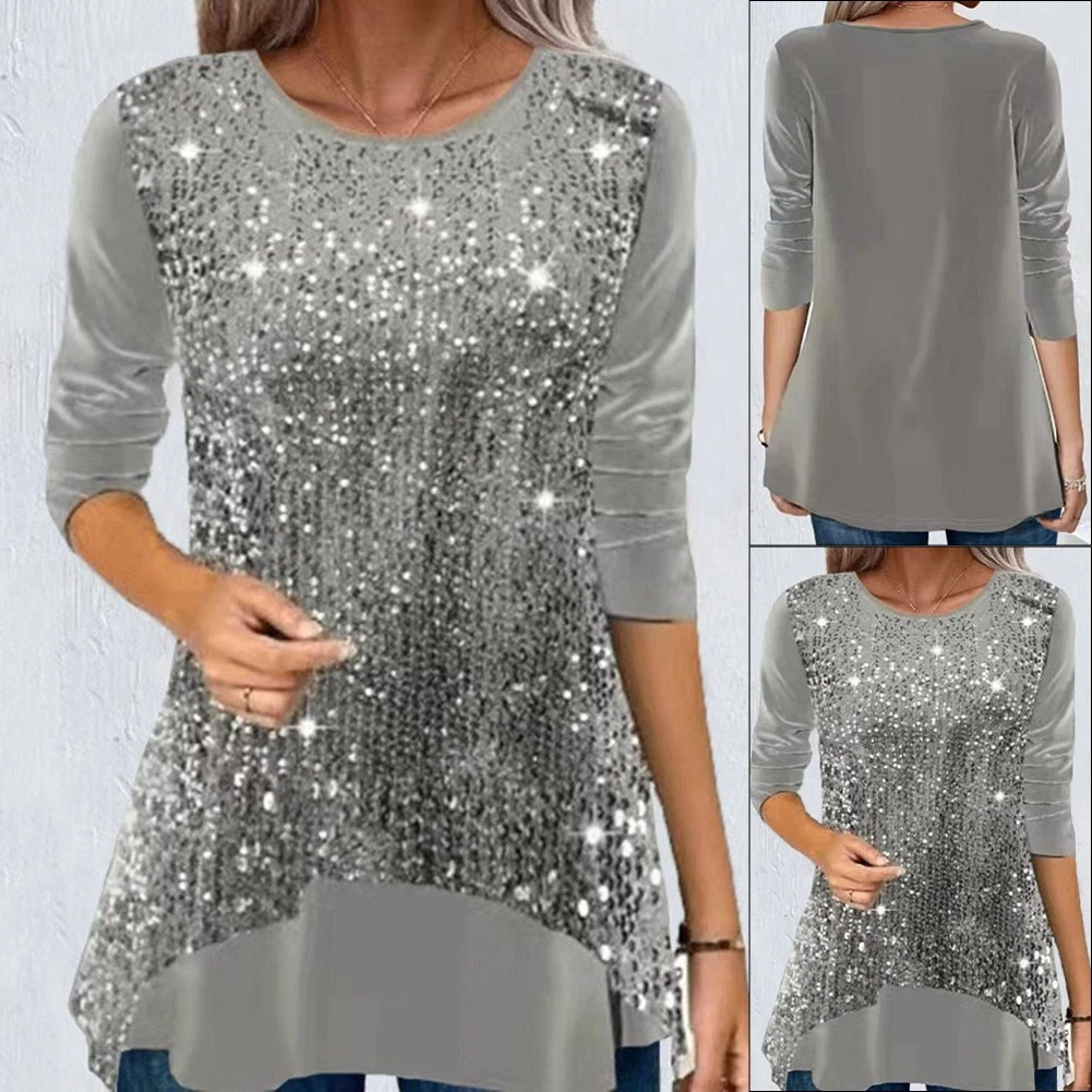 VETEMENTS Tunica scintillante paillettes manica lunga top da donna scollo a O abbigliamento casual
