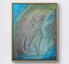 Confident Jazz Cat - Acrylic Original 11x14 Canvas Colorful Sketch Mixed Media