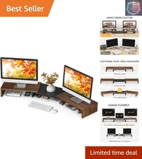 43.3'' Extra Long Dual Monitor Stand - Stylish Rustic Brown Riser & Organizer