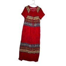 Vintage Style Red Floral Border Print Maxi Dress Short Sleeve Boho Scoop Neck