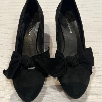DJANGO & JULIETTE LADIES BLACK SUEDE LEATHER Heel BOW FRONT SHOES. 38.