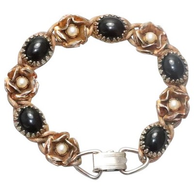 Vintage Costume Gold Tone Floral Synthetic Pearl Black Onyx Link Bracelet