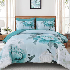 Floral Comforter Set Queen Size 7 Piece Bed in a Bag, Aqua Flowers Printed on Li