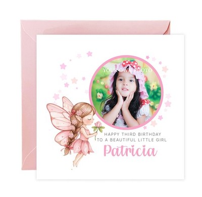 Personalisierte Fotokarte 3. Geburtstag für Kleinkind Mädchen - rosa Fee Design