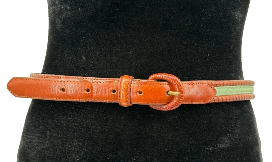 Talbots Womens Green Cotton Fabric Genuine Brown Braided Leather Belt Size Large - Image 2 of 4