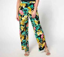 Denim  Co. Beach Jersey Tall Wide Leg Pant with Slits Black Floral L A637298