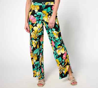 Denim & Co. Beach Jersey Tall Wide Leg Pant with Slits Black Floral L A637298