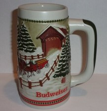 Budweiser Beer Stein w Clydesdales on Covered Bridge on Snowy Eve